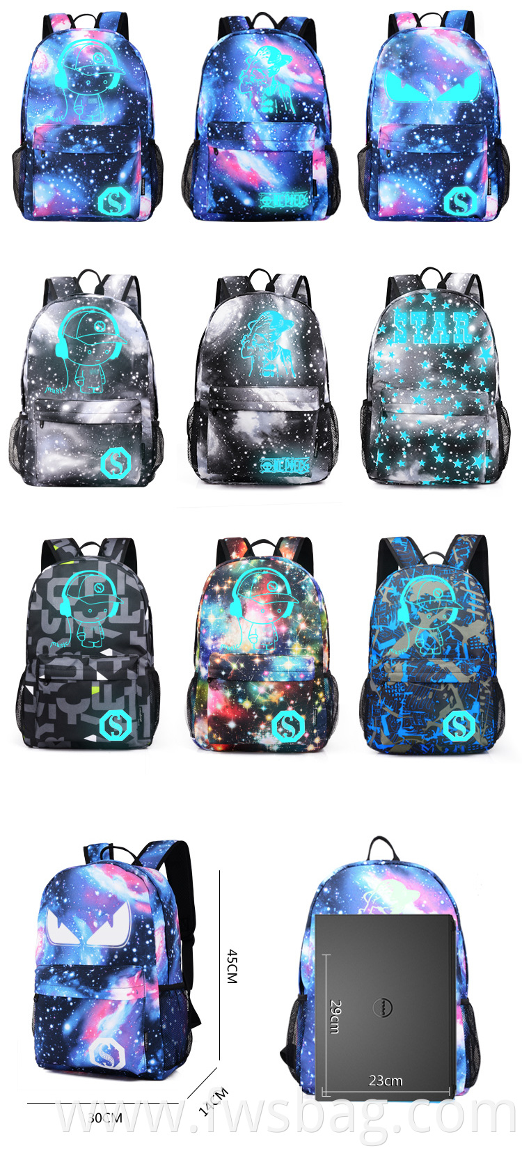 Hot Unisex Fashion Galaxy Anime Luminous Backpack Outdoor Daypack School Backpack With USB Charing Port